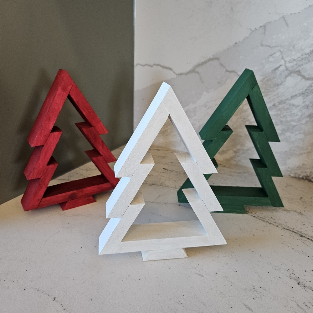 Handcrafted Festive Wooden Christmas Tree Set In Red Green and White - Picture 3 of 5